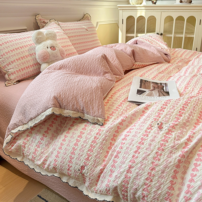 91家纺网 家纺一手货源 找家纺 仟网汇 2026新款法式花边泡芙纱四件套 奶芙小狗