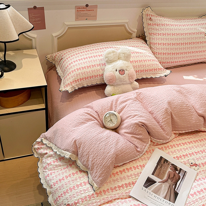 91家纺网 家纺一手货源 找家纺 仟网汇 2026新款法式花边泡芙纱四件套 奶芙小狗