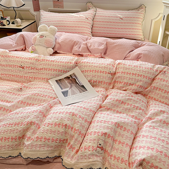 91家纺网 家纺一手货源 找家纺 仟网汇 2026新款法式花边泡芙纱四件套 奶芙小狗