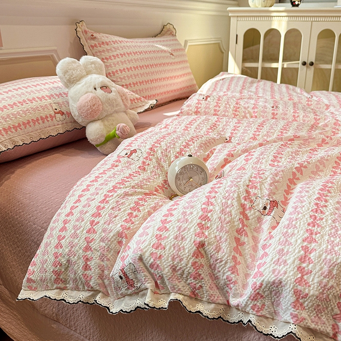 91家纺网 家纺一手货源 找家纺 仟网汇 2026新款法式花边泡芙纱四件套 奶芙小狗