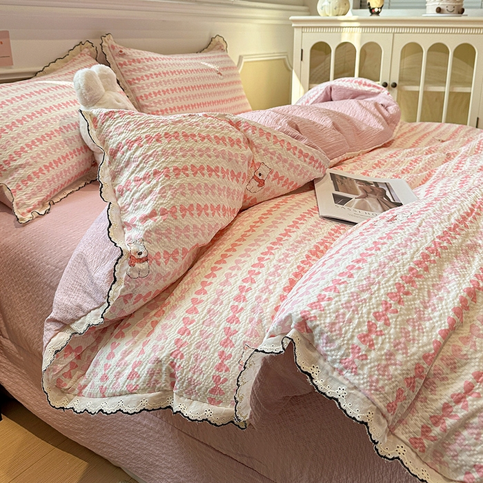 91家纺网 家纺一手货源 找家纺 仟网汇 2026新款法式花边泡芙纱四件套 奶芙小狗