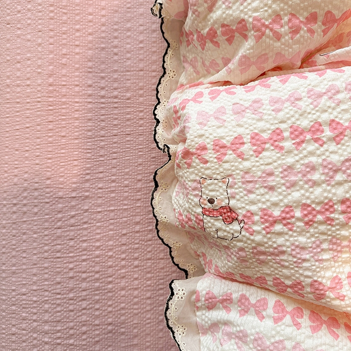 91家纺网 家纺一手货源 找家纺 仟网汇 2026新款法式花边泡芙纱四件套 奶芙小狗