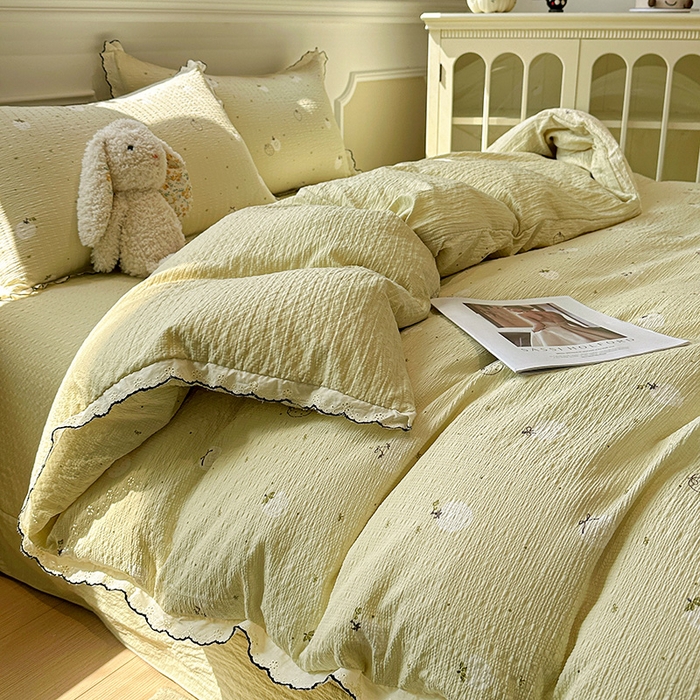 91家纺网 家纺一手货源 找家纺 仟网汇 2026新款法式花边泡芙纱四件套 青甜