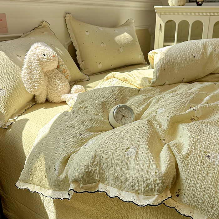 91家纺网 家纺一手货源 找家纺 仟网汇 2026新款法式花边泡芙纱四件套 青甜