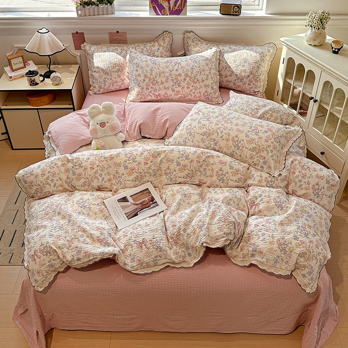 91家纺网 家纺一手货源 找家纺 仟网汇 2026新款法式花边泡芙纱四件套 柔诗意