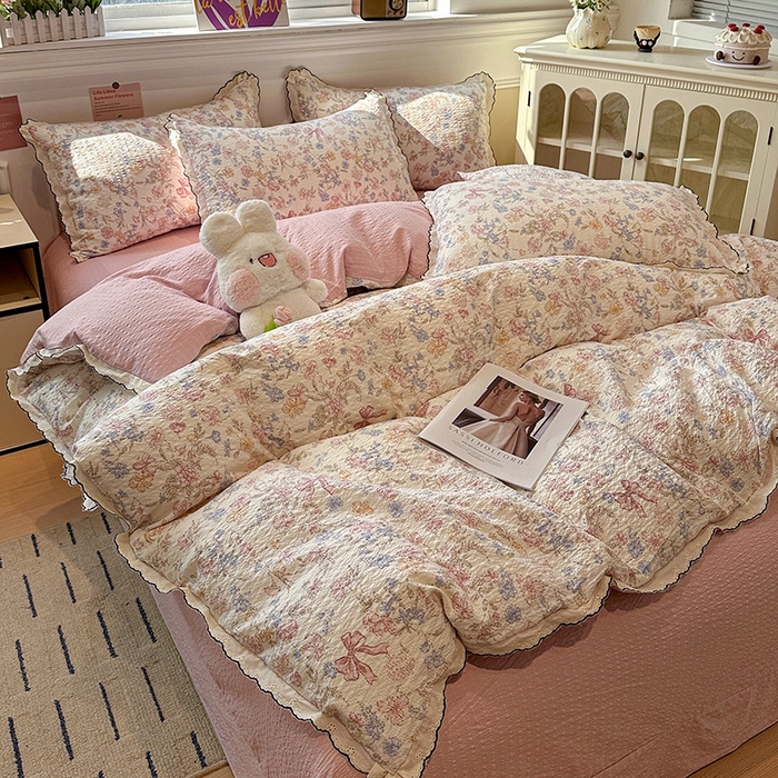 91家纺网 家纺一手货源 找家纺 仟网汇 2026新款法式花边泡芙纱四件套 柔诗意