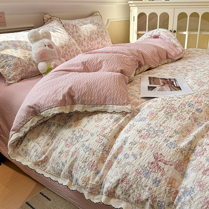 91家纺网 家纺一手货源 找家纺 仟网汇 2026新款法式花边泡芙纱四件套 柔诗意