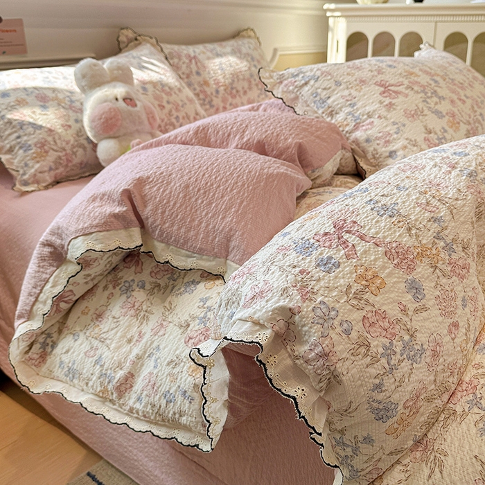 91家纺网 家纺一手货源 找家纺 仟网汇 2026新款法式花边泡芙纱四件套 柔诗意