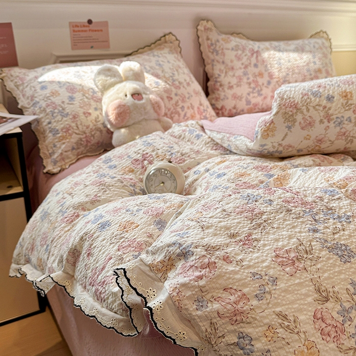 91家纺网 家纺一手货源 找家纺 仟网汇 2026新款法式花边泡芙纱四件套 柔诗意