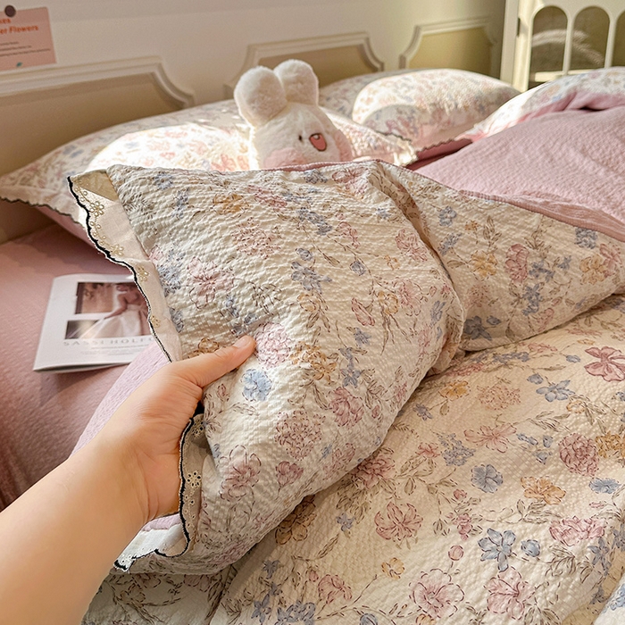 91家纺网 家纺一手货源 找家纺 仟网汇 2026新款法式花边泡芙纱四件套 柔诗意