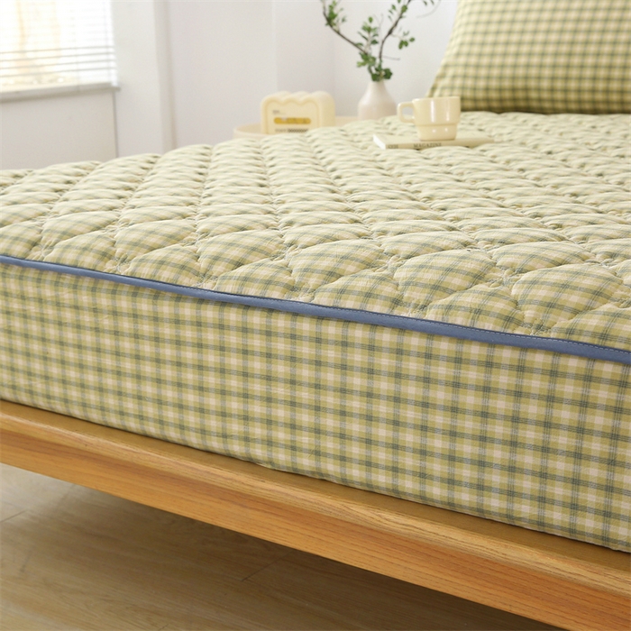 91家纺网 家纺一手货源 找家纺 欧妮家纺 2026新款日式全棉水洗棉色织夹棉床笠-席梦思保护套 日式全棉床笠-草绿