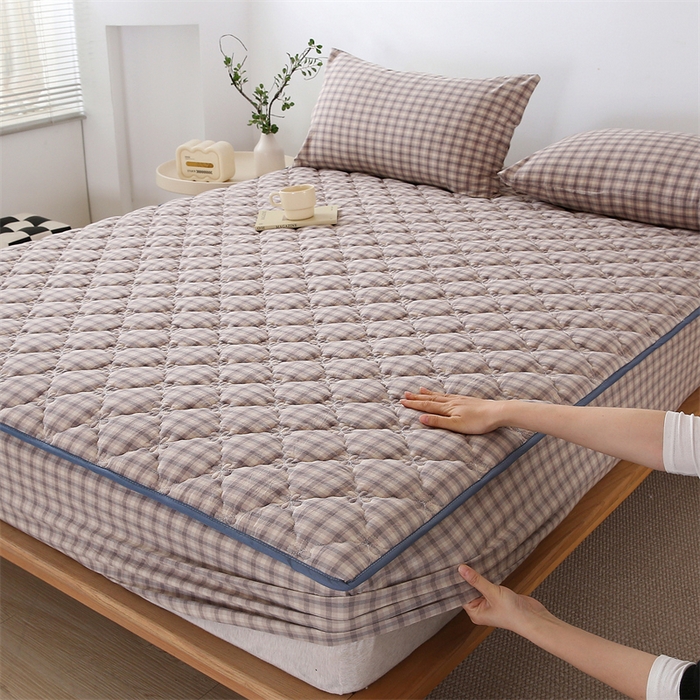 91家纺网 家纺一手货源 找家纺 欧妮家纺 2026新款日式全棉水洗棉色织夹棉床笠-席梦思保护套 日式全棉床笠-灰格