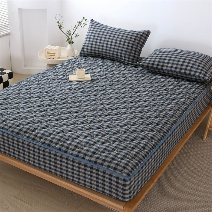 91家纺网 家纺一手货源 找家纺 欧妮家纺 2026新款日式全棉水洗棉色织夹棉床笠-席梦思保护套 日式全棉床笠-重楼蓝