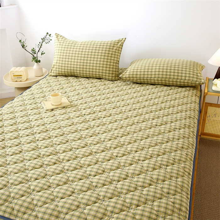 91家纺网 家纺一手货源 找家纺 欧妮家纺 2026新款日式全棉水洗棉色织夹棉床笠-席梦思保护套 日式全棉床笠-草绿