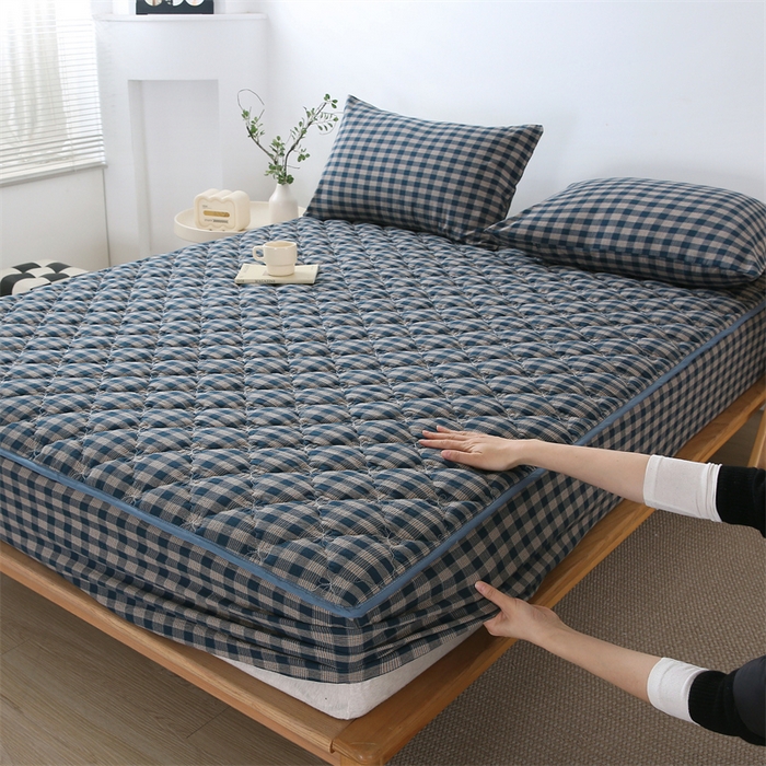 欧妮家纺 2026新款日式全棉水洗棉色织夹棉床笠-席梦思保护套 日式全棉床笠-重楼蓝