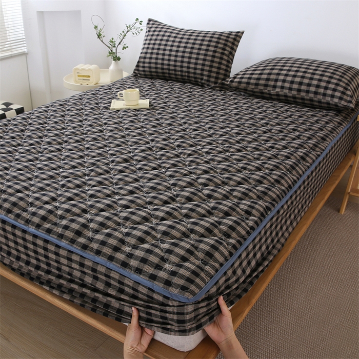 91家纺网 家纺一手货源 找家纺 欧妮家纺 2026新款日式全棉水洗棉色织夹棉床笠-席梦思保护套 日式全棉床笠-重楼黑