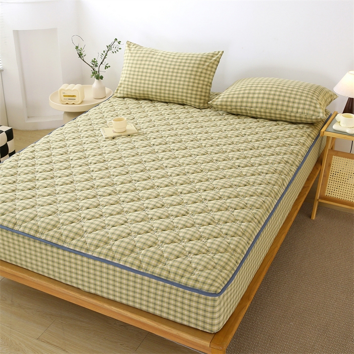 91家纺网 家纺一手货源 找家纺 欧妮家纺 2026新款日式全棉水洗棉色织夹棉床笠-席梦思保护套 日式全棉床笠-草绿