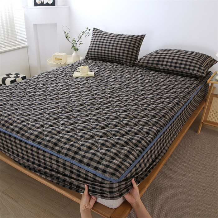 91家纺网 家纺一手货源 找家纺 欧妮家纺 2026新款日式全棉水洗棉色织夹棉床笠-席梦思保护套 日式全棉床笠-重楼黑