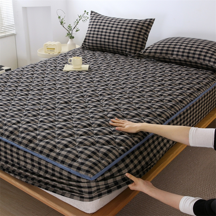 91家纺网 家纺一手货源 找家纺 欧妮家纺 2026新款日式全棉水洗棉色织夹棉床笠-席梦思保护套 日式全棉床笠-重楼黑