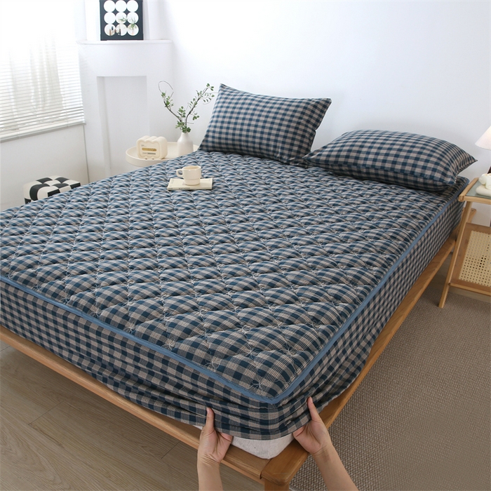 91家纺网 家纺一手货源 找家纺 欧妮家纺 2026新款日式全棉水洗棉色织夹棉床笠-席梦思保护套 日式全棉床笠-重楼蓝