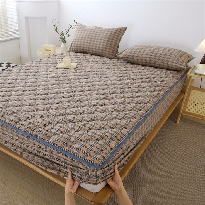 91家纺网 家纺一手货源 找家纺 欧妮家纺 2026新款日式全棉水洗棉色织夹棉床笠-席梦思保护套 日式全棉床笠-焦糖咖