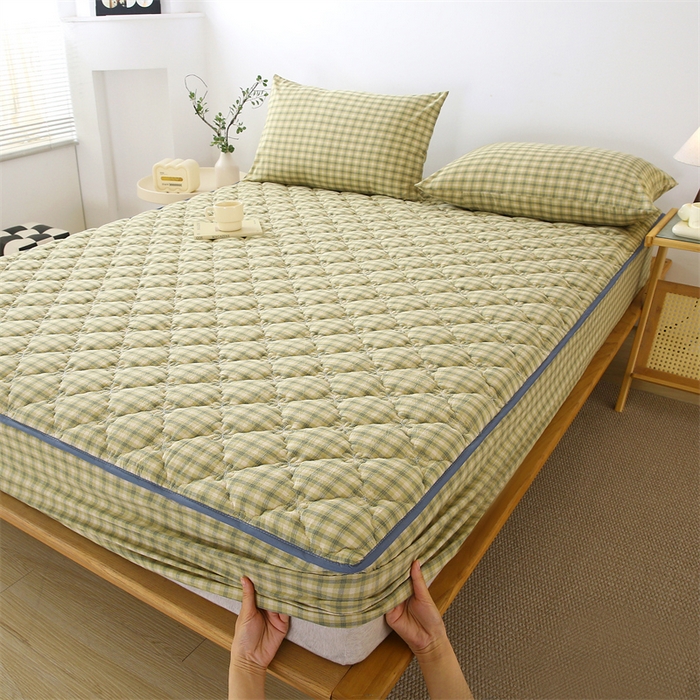 91家纺网 家纺一手货源 找家纺 欧妮家纺 2026新款日式全棉水洗棉色织夹棉床笠-席梦思保护套 日式全棉床笠-草绿