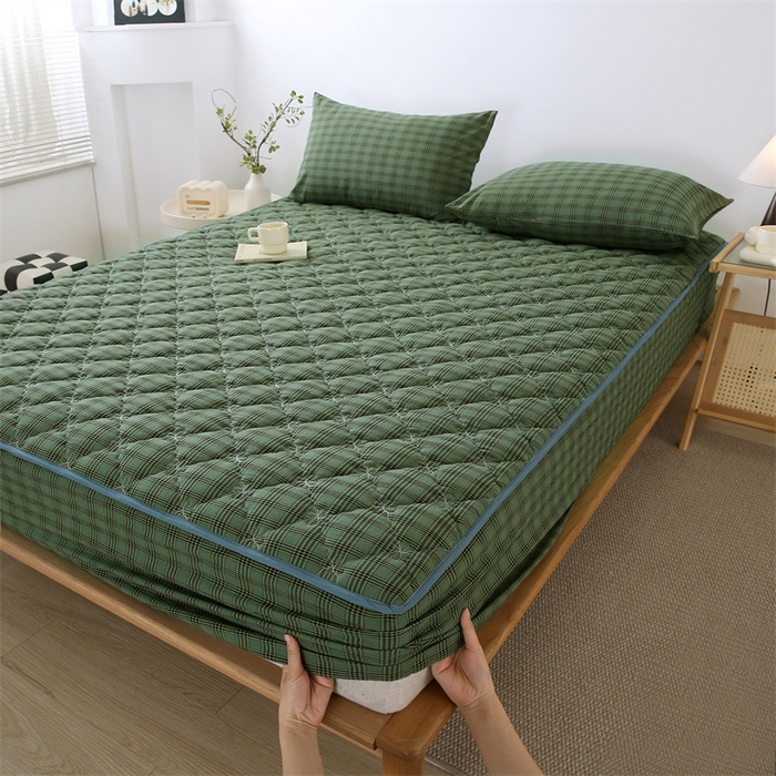 91家纺网 家纺一手货源 找家纺 欧妮家纺 2026新款日式全棉水洗棉色织夹棉床笠-席梦思保护套 日式全棉床笠-重楼绿