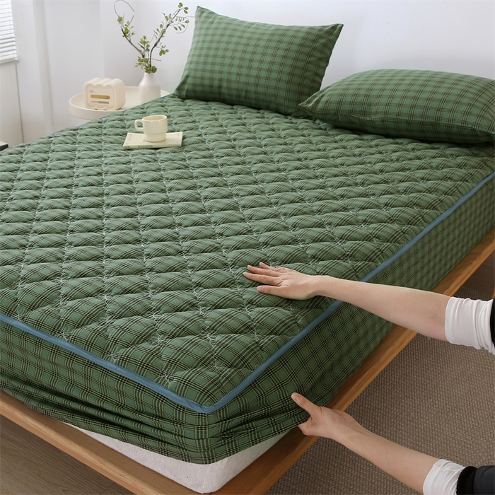 91家纺网 家纺一手货源 找家纺 欧妮家纺 2026新款日式全棉水洗棉色织夹棉床笠-席梦思保护套 日式全棉床笠-重楼绿