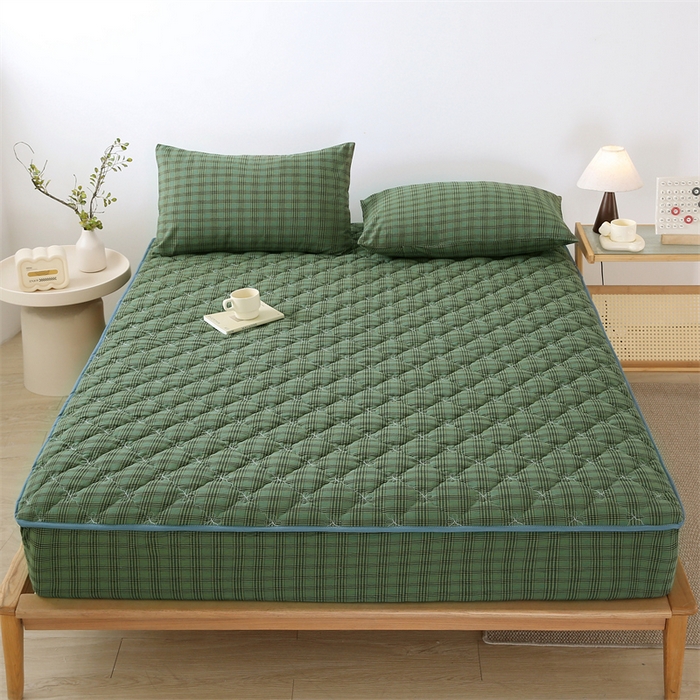 91家纺网 家纺一手货源 找家纺 欧妮家纺 2026新款日式全棉水洗棉色织夹棉床笠-席梦思保护套 日式全棉床笠-重楼绿