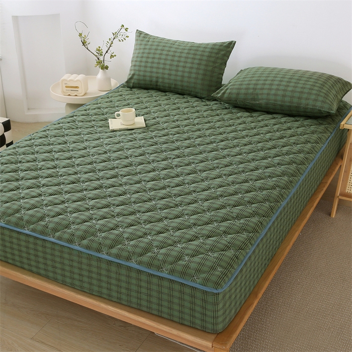 91家纺网 家纺一手货源 找家纺 欧妮家纺 2026新款日式全棉水洗棉色织夹棉床笠-席梦思保护套 日式全棉床笠-重楼绿