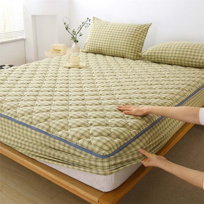 91家纺网 家纺一手货源 找家纺 欧妮家纺 2026新款日式全棉水洗棉色织夹棉床笠-席梦思保护套 日式全棉床笠-草绿