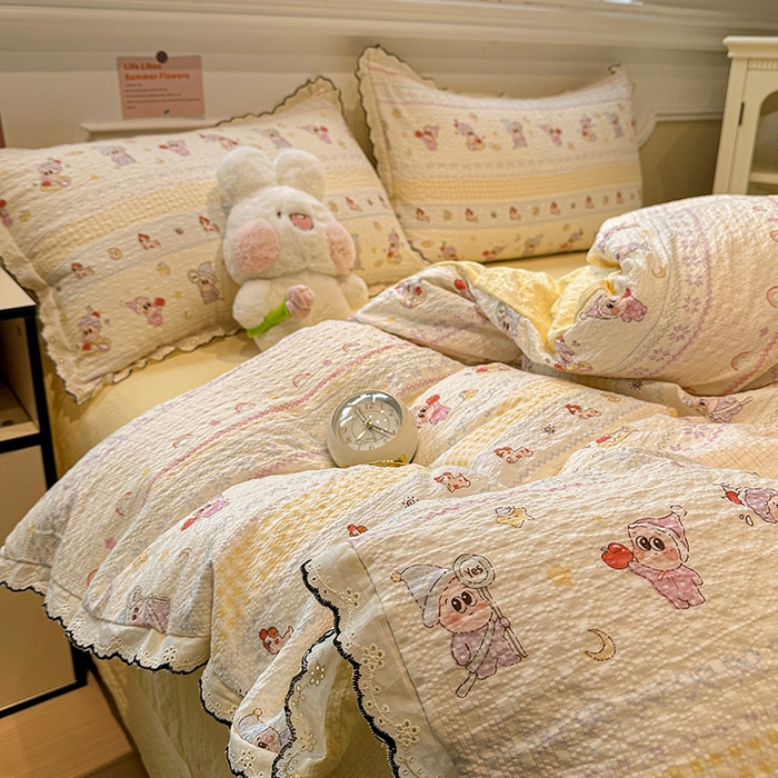 91家纺网 家纺一手货源 找家纺 仟网汇 2026新款法式花边泡芙纱四件套 甜梦星人