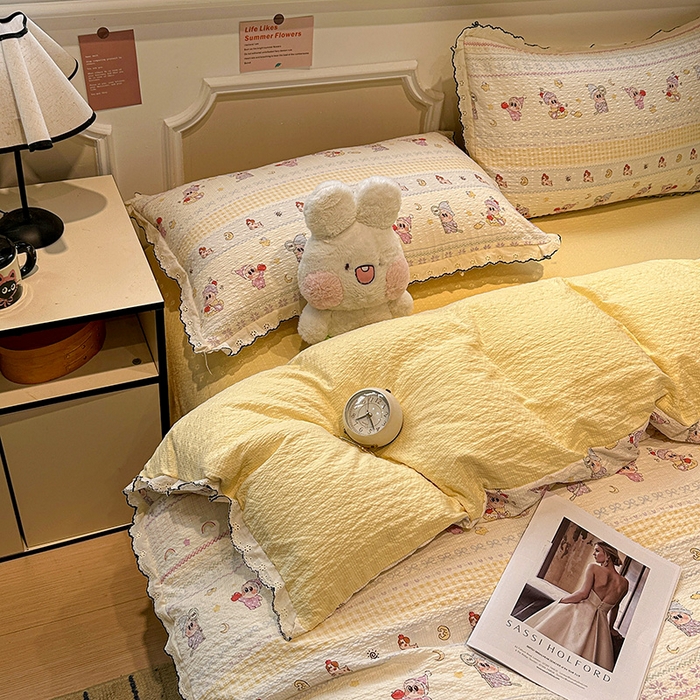 91家纺网 家纺一手货源 找家纺 仟网汇 2026新款法式花边泡芙纱四件套 甜梦星人