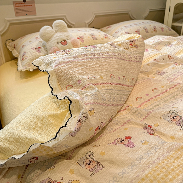 91家纺网 家纺一手货源 找家纺 仟网汇 2026新款法式花边泡芙纱四件套 甜梦星人