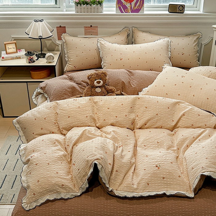 91家纺网 家纺一手货源 找家纺 仟网汇 2026新款法式花边泡芙纱四件套 甜心咖