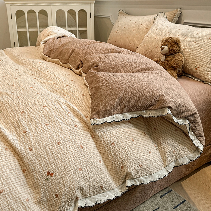 91家纺网 家纺一手货源 找家纺 仟网汇 2026新款法式花边泡芙纱四件套 甜心咖