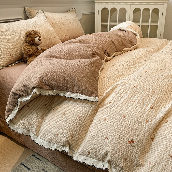 91家纺网 家纺一手货源 找家纺 仟网汇 2026新款法式花边泡芙纱四件套 甜心咖