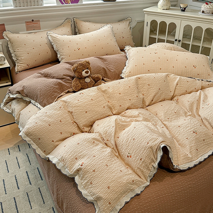 91家纺网 家纺一手货源 找家纺 仟网汇 2026新款法式花边泡芙纱四件套 甜心咖