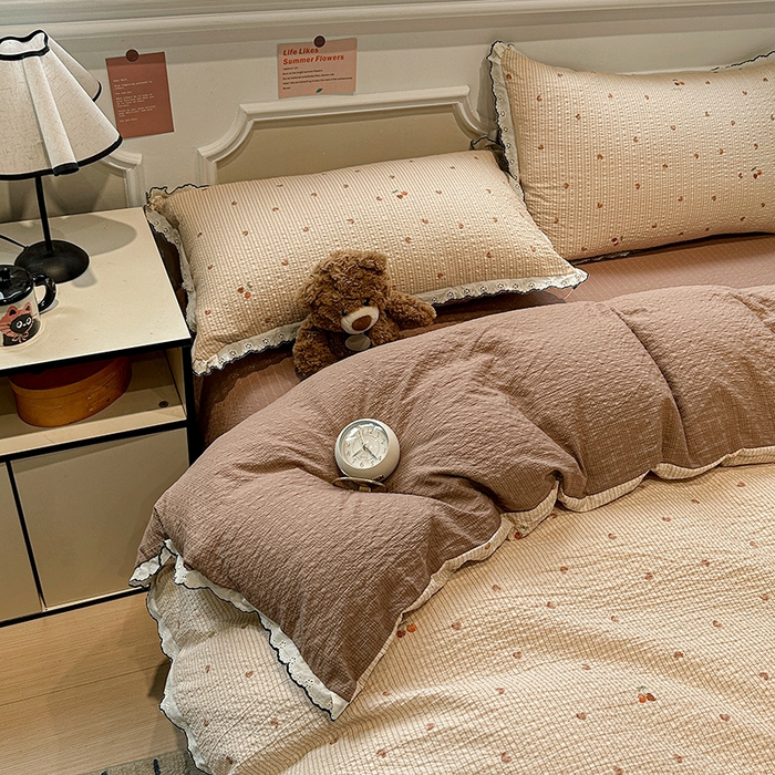 91家纺网 家纺一手货源 找家纺 仟网汇 2026新款法式花边泡芙纱四件套 甜心咖