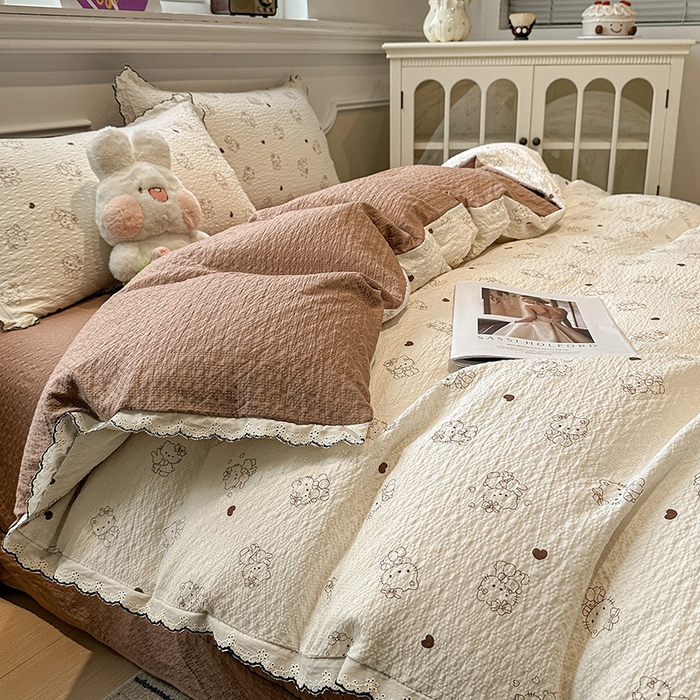 91家纺网 家纺一手货源 找家纺 仟网汇 2026新款法式花边泡芙纱四件套 甜心喵