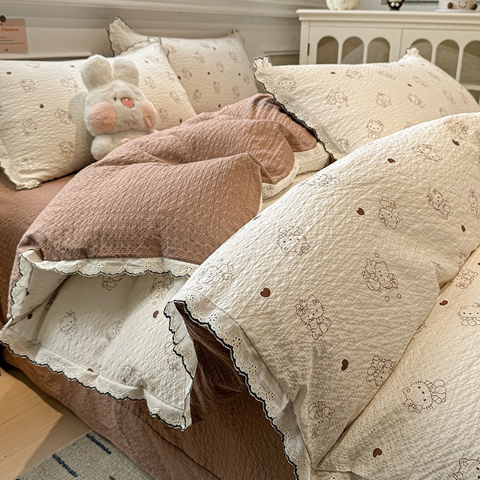 91家纺网 家纺一手货源 找家纺 仟网汇 2026新款法式花边泡芙纱四件套 甜心喵