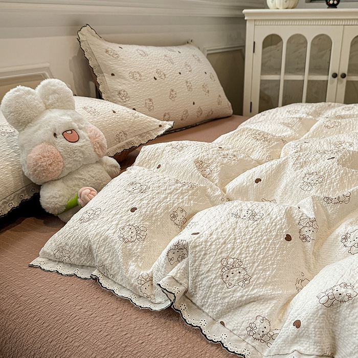 91家纺网 家纺一手货源 找家纺 仟网汇 2026新款法式花边泡芙纱四件套 甜心喵