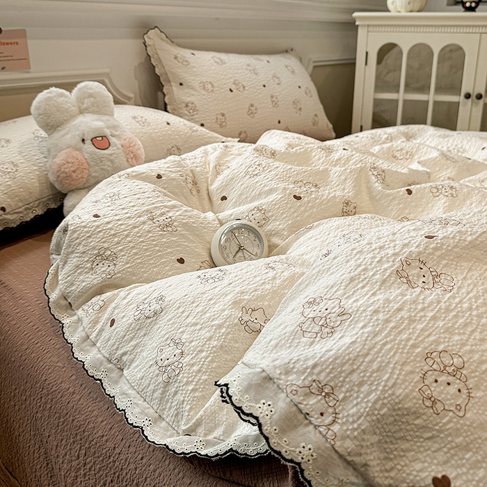 91家纺网 家纺一手货源 找家纺 仟网汇 2026新款法式花边泡芙纱四件套 甜心喵