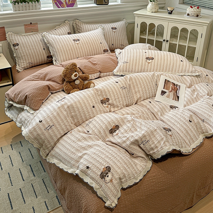 91家纺网 家纺一手货源 找家纺 仟网汇 2026新款法式花边泡芙纱四件套 晚安汪