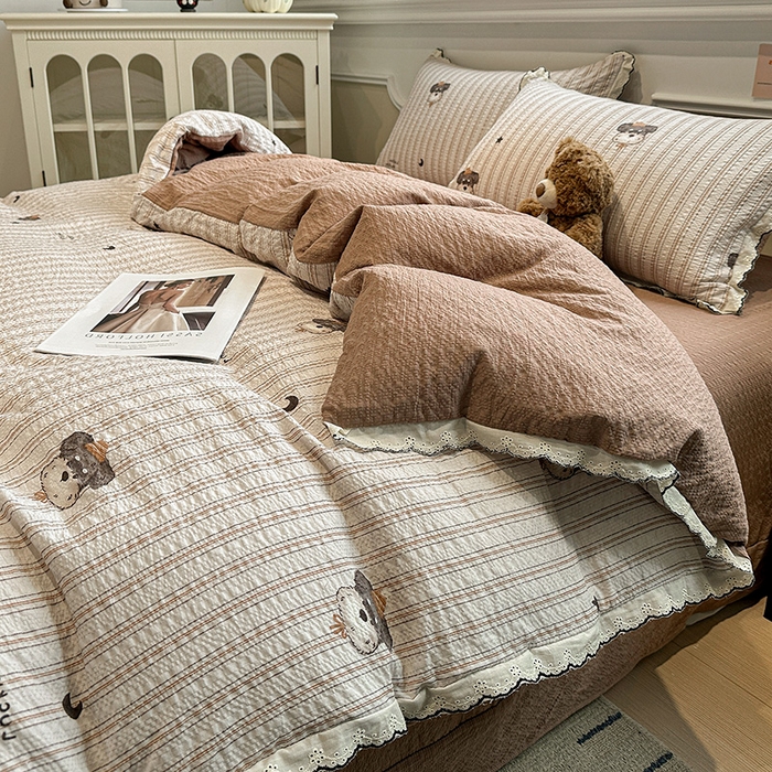 91家纺网 家纺一手货源 找家纺 仟网汇 2026新款法式花边泡芙纱四件套 晚安汪