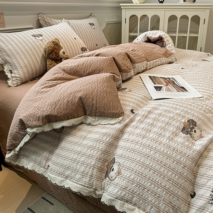 91家纺网 家纺一手货源 找家纺 仟网汇 2026新款法式花边泡芙纱四件套 晚安汪