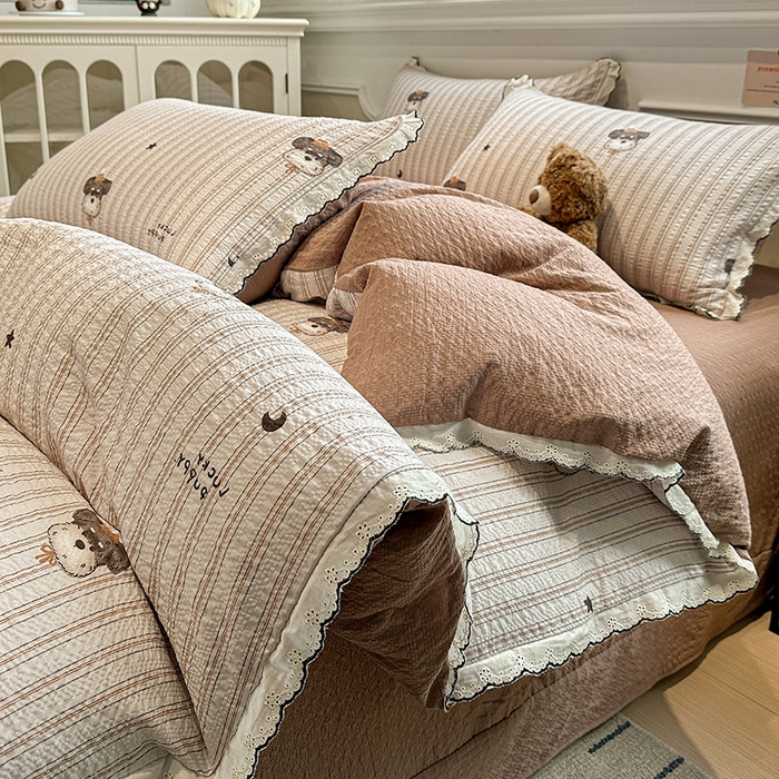 91家纺网 家纺一手货源 找家纺 仟网汇 2026新款法式花边泡芙纱四件套 晚安汪