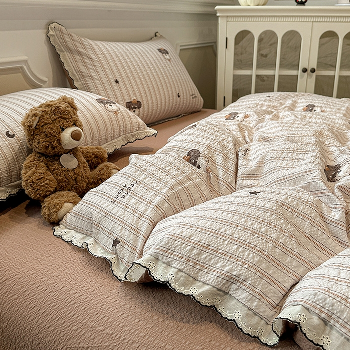 91家纺网 家纺一手货源 找家纺 仟网汇 2026新款法式花边泡芙纱四件套 晚安汪