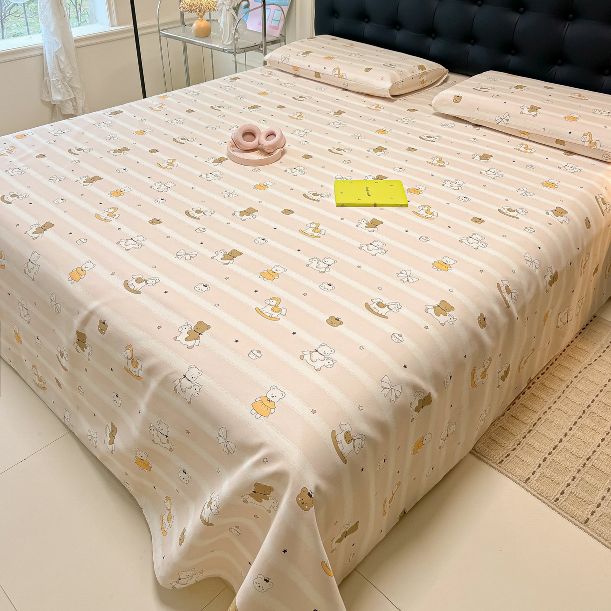 91家纺网 家纺一手货源 找家纺 欧妮家纺 2026新款老粗布床单凉席席子单床单 老粗布-童趣小熊