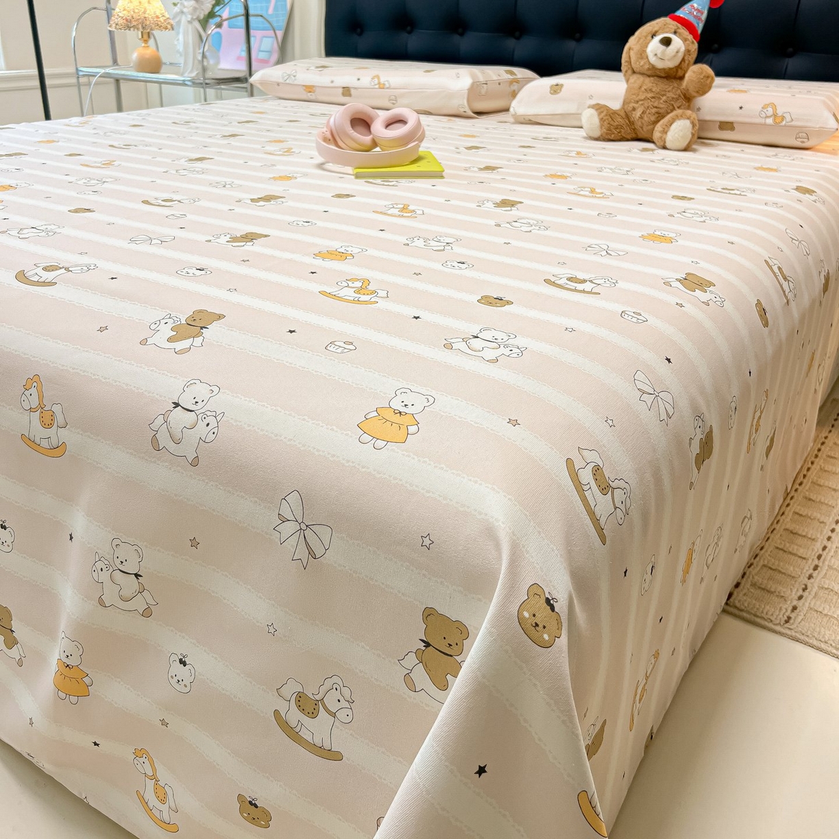 91家纺网 家纺一手货源 找家纺 欧妮家纺 2026新款老粗布床单凉席席子单床单 老粗布-童趣小熊